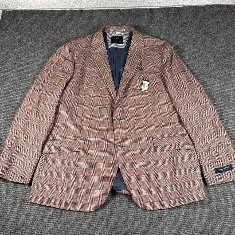 Tailorbyrd Sport Coat Mens 48R Red New Plaid Linen Blend Blazer 2 Button 5378